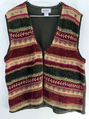 Vintage Koret XL Multicolor Knit Vest with Floral and Stripe Pattern